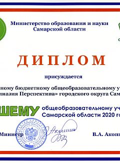 Диплом лучшему образовательному учреждению Самарской области 2020 года